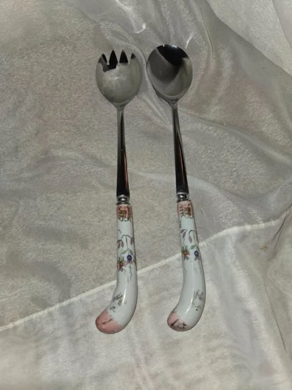 Vintage Sheffield England Silver Plated Porcelain Handle Salad Serving Set